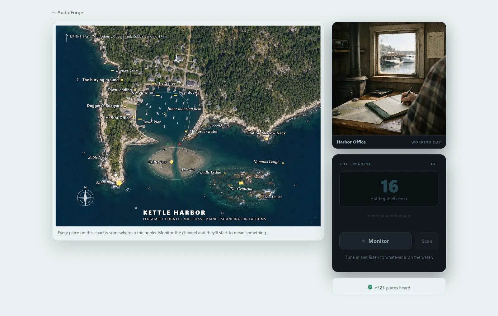 Channel 16 in AudioForge Studio: the Kettle Harbor chart beside the Harbor Office window and the radio